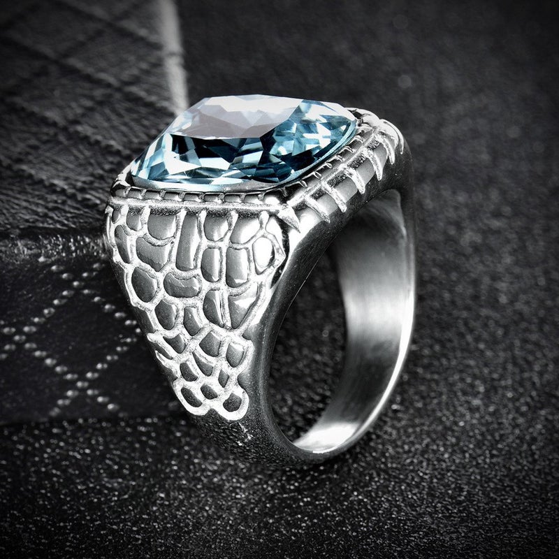 MASOP Big Large Blue Aquamarine Color Mens Stainless Steel Rings Wedding Mids Ring Silver Color Size 9 - Image 4